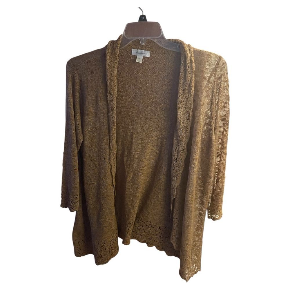 EUC Tan/Yellow lightweight semi sheer open front pointelle detail cardigan 1X